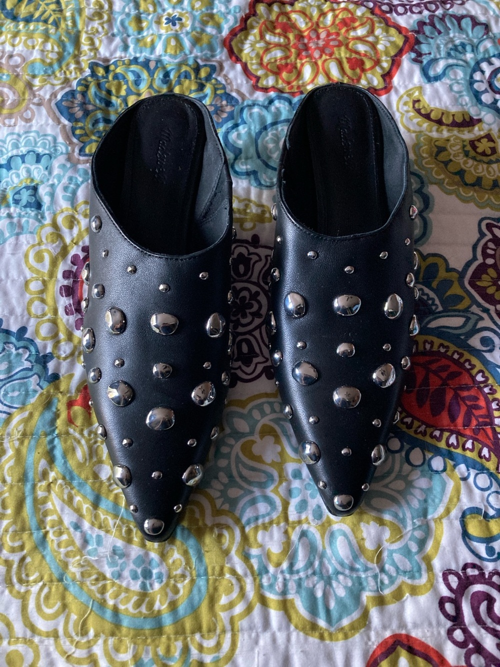 Madewell Black Pointed Mule Slides with Silver Studs